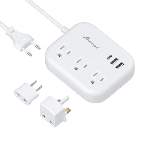 Alitayee European Travel Adapter front view showing compact all-in-one hub for global charging.