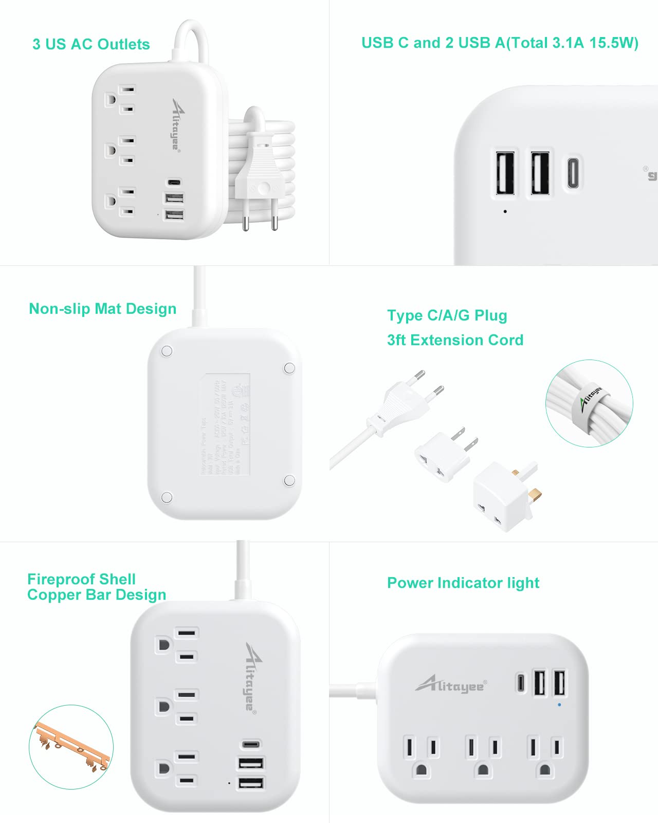 Alitayee European Travel Adapter on-desk use with non-slip mat.