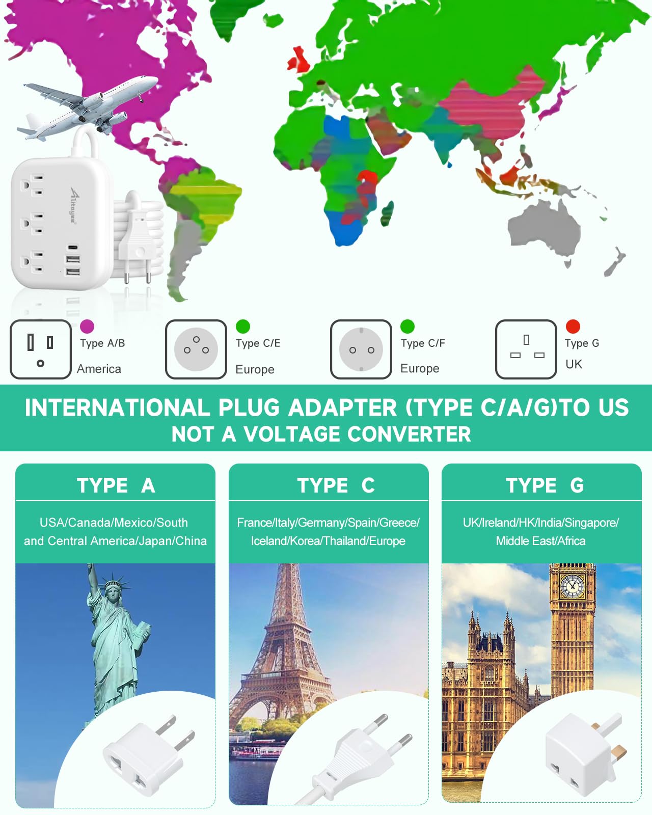 Alitayee European Travel Adapter ports-front with three outlets and USB ports for simultaneous devices.
