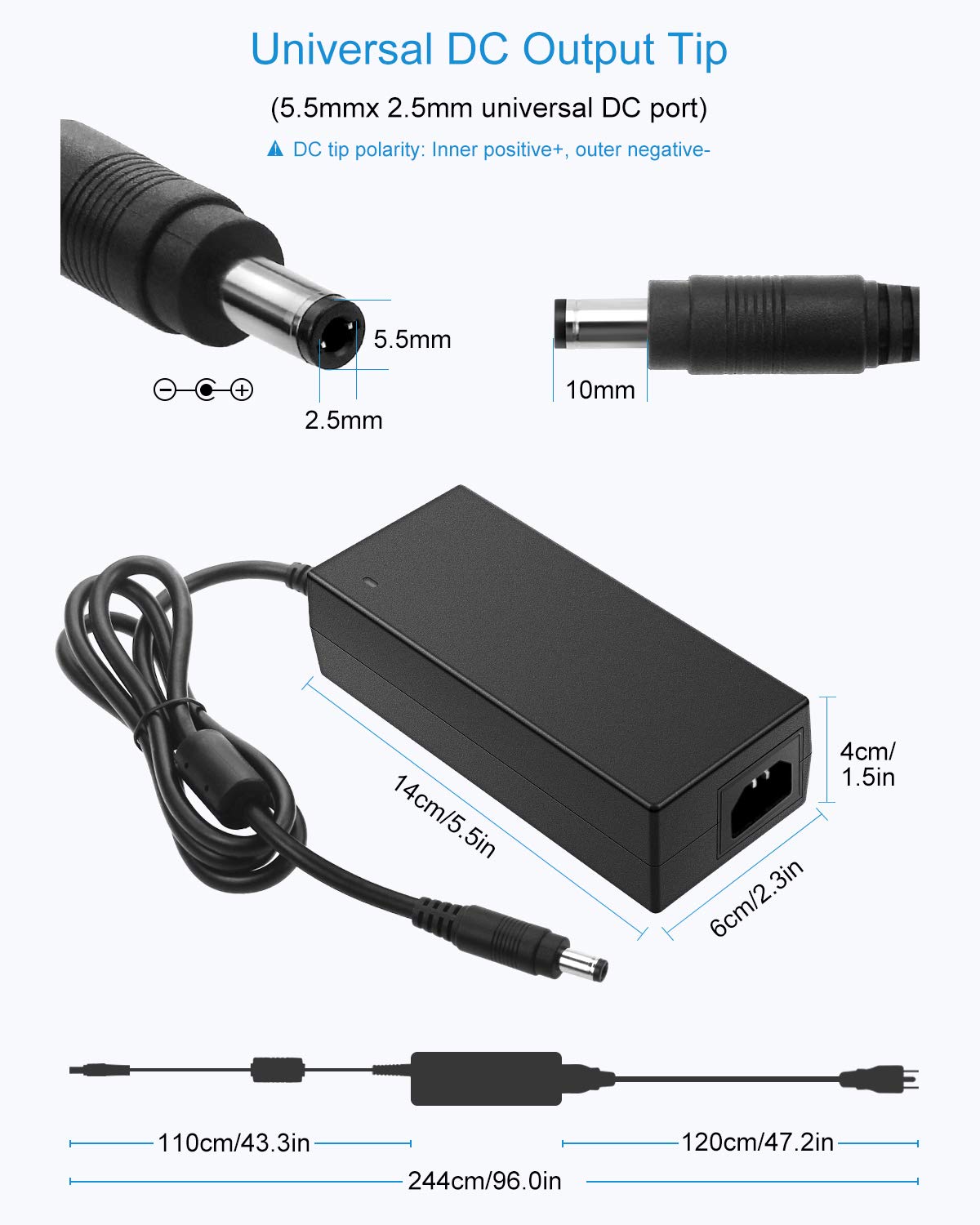 ALITOVE 36V power supply DC connector 5-5x2-5mm, compatible with common devices.