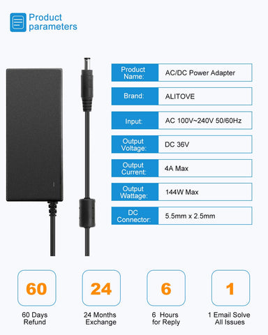 ALITOVE 36V power supply rear ports for versatile connections.