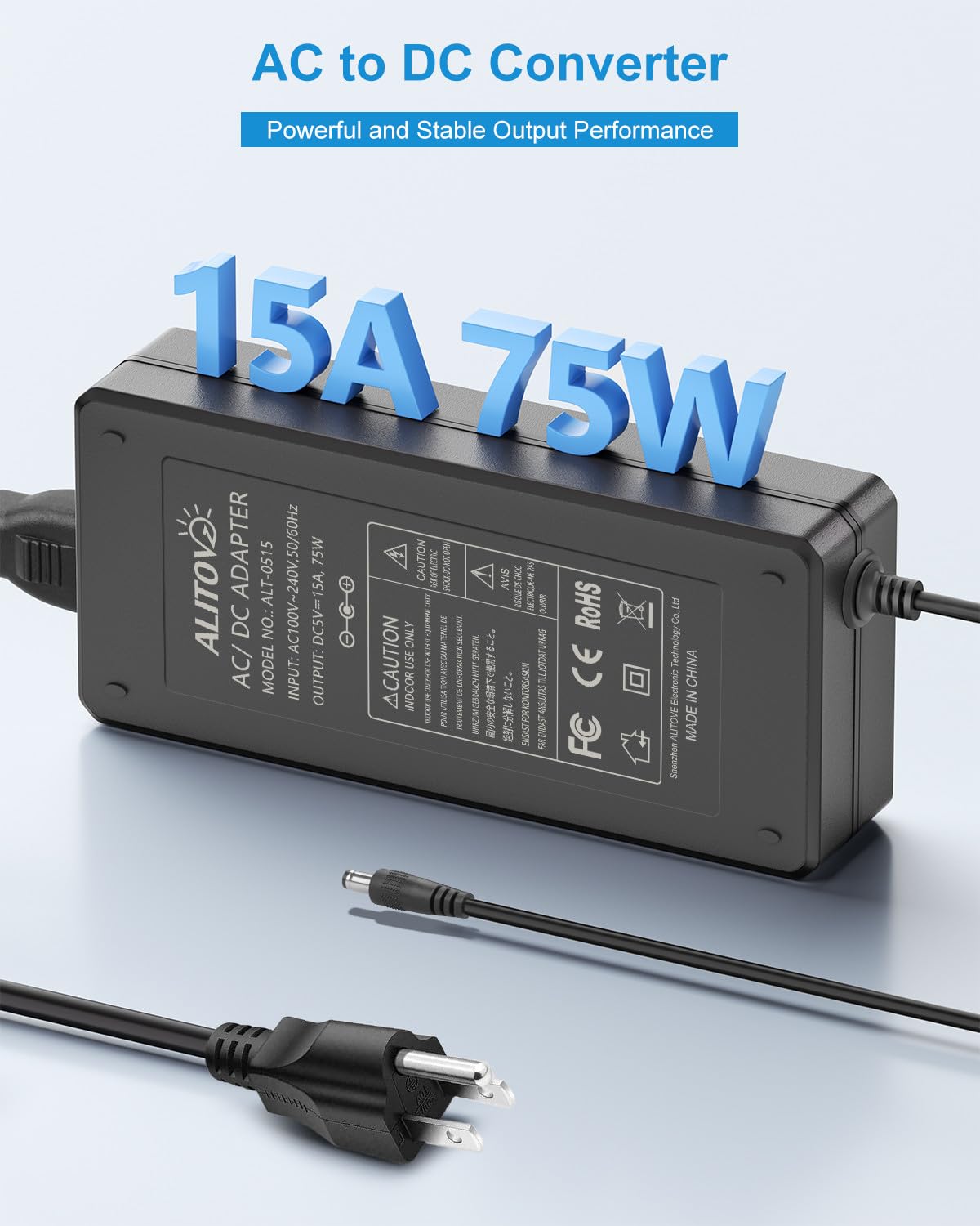 ALITOVE 5V 15A power supply side view highlights compact form factor for tight setups