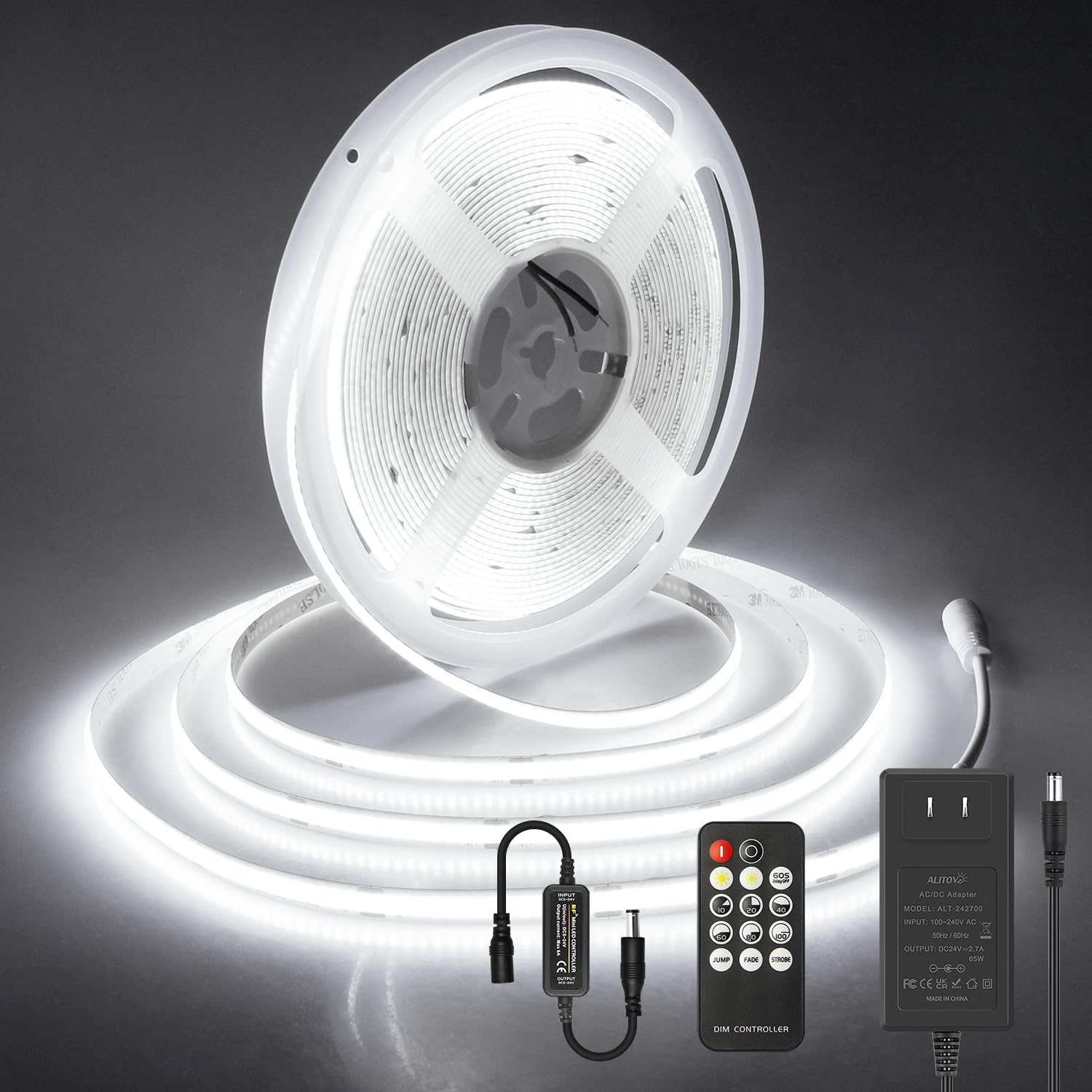 ALITOVE COB LED strip density close-up showing uniform glow for seamless lighting.