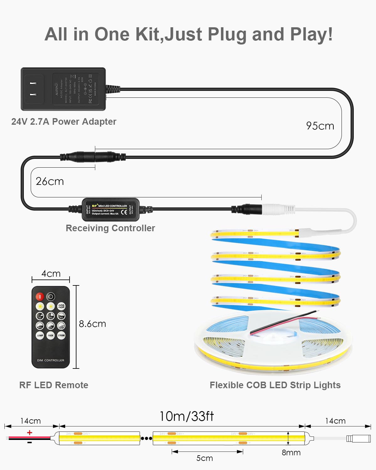 ALITOVE COB LED strip long-run delivers consistent brightness across 32.8 feet.