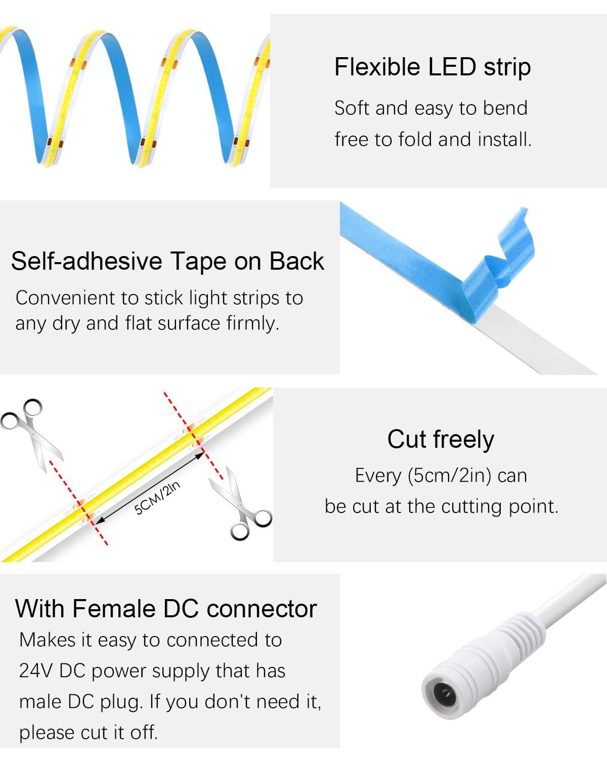 ALITOVE COB LED strip ideal for mirror and wardrobe lighting with even glow.