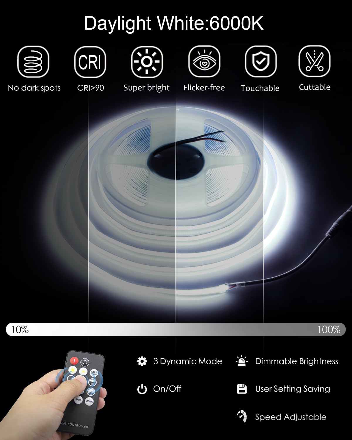 ALITOVE COB LED strip with remote control demonstrates easy dimming and modes.