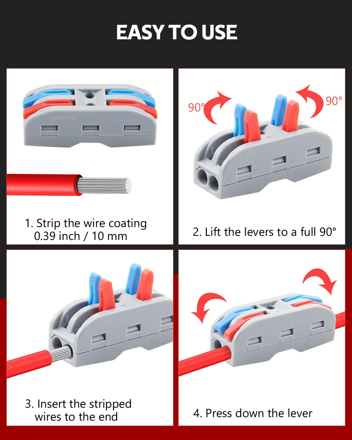 ALITOVE lever nuts save space with compact in-line terminal design.