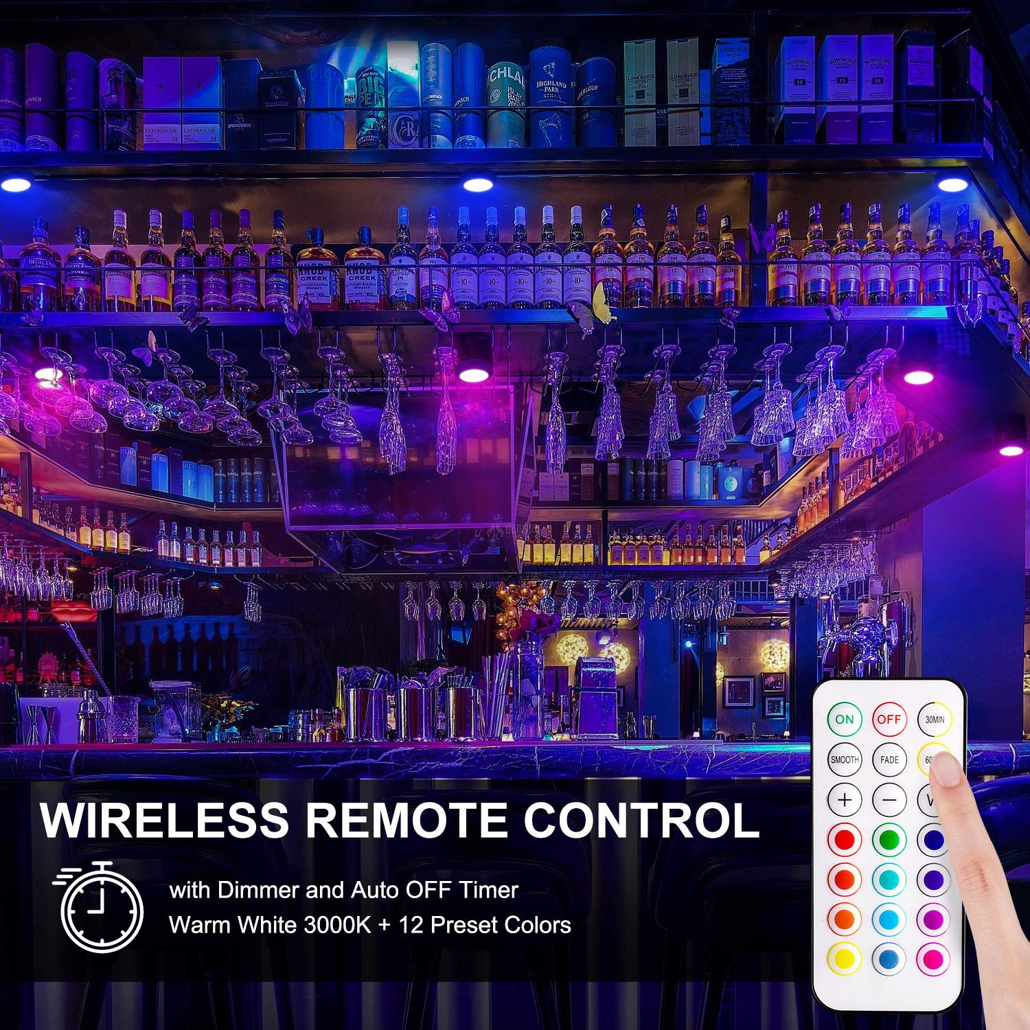 Alivation puck lights with remote control for easy on/off from a distance.