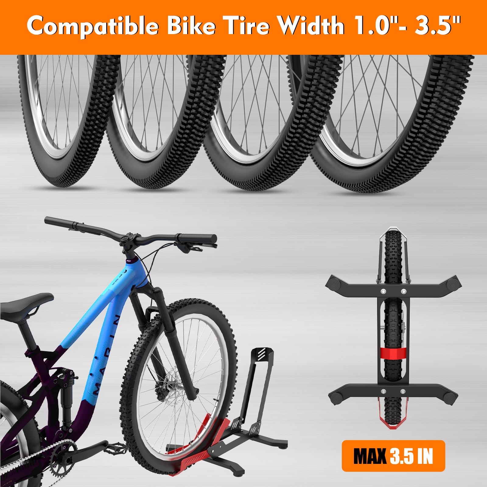 ALIXUEQIN bike stand floor tray closeup emphasizes three-point wheel grip.