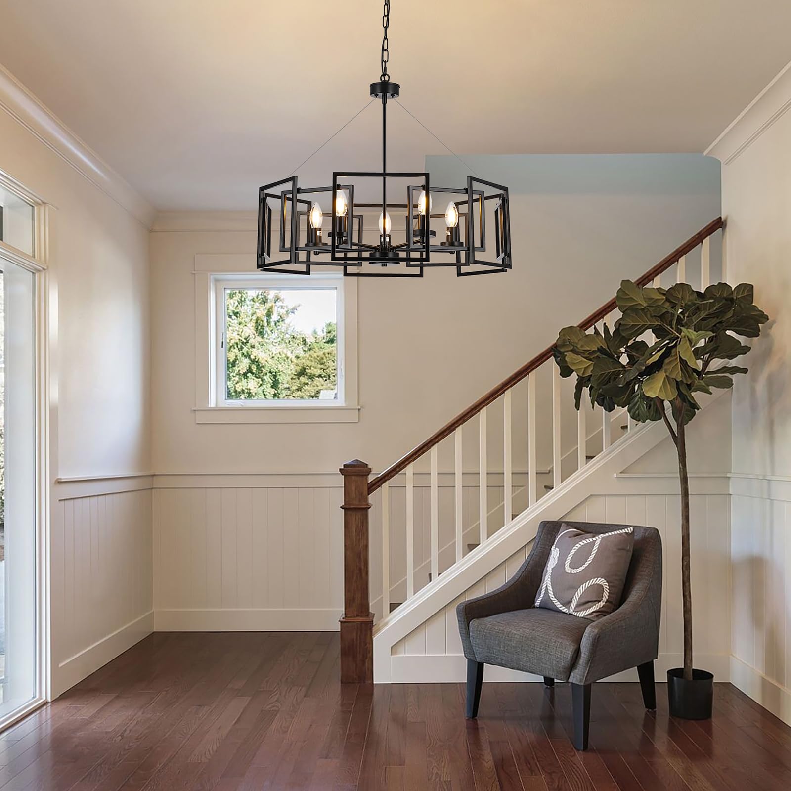 ALIYIQI 5-light black geometric chandelier in hallway enhances visual height