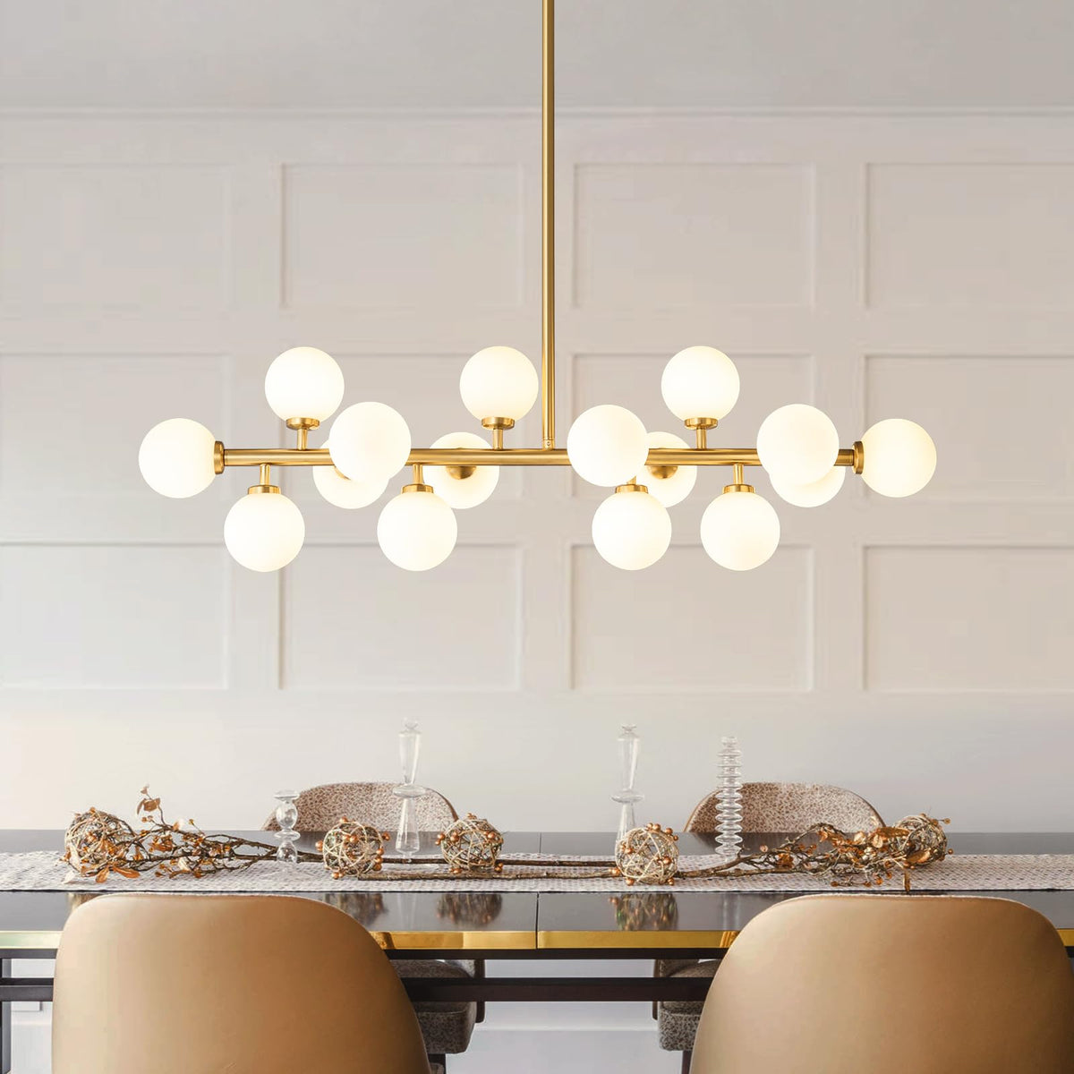 ALIYIQI Sputnik chandelier with gold brass frame provides a dramatic dining room focal point.