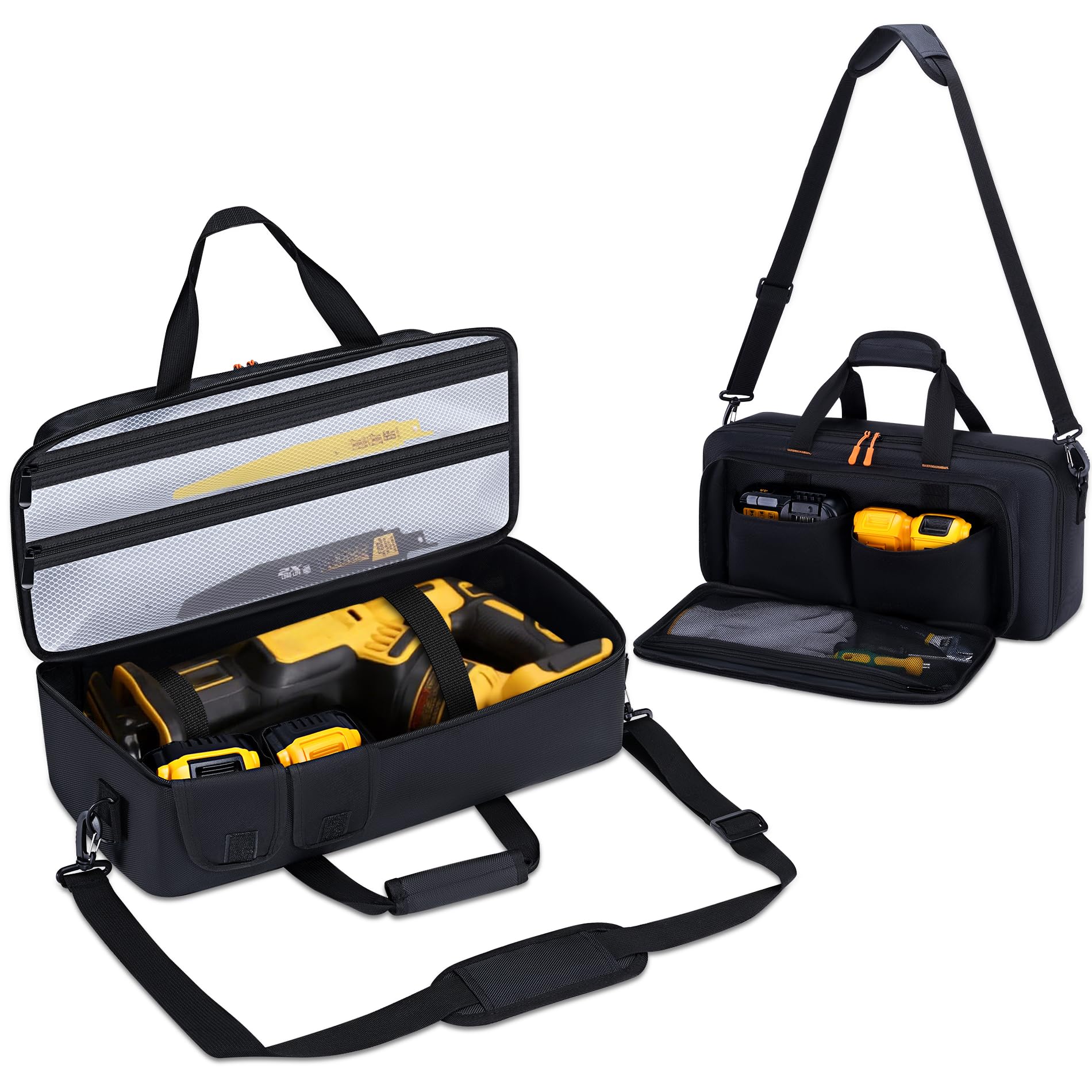 Aljikz reciprocating saw case front view shows organized main compartment for quick access.