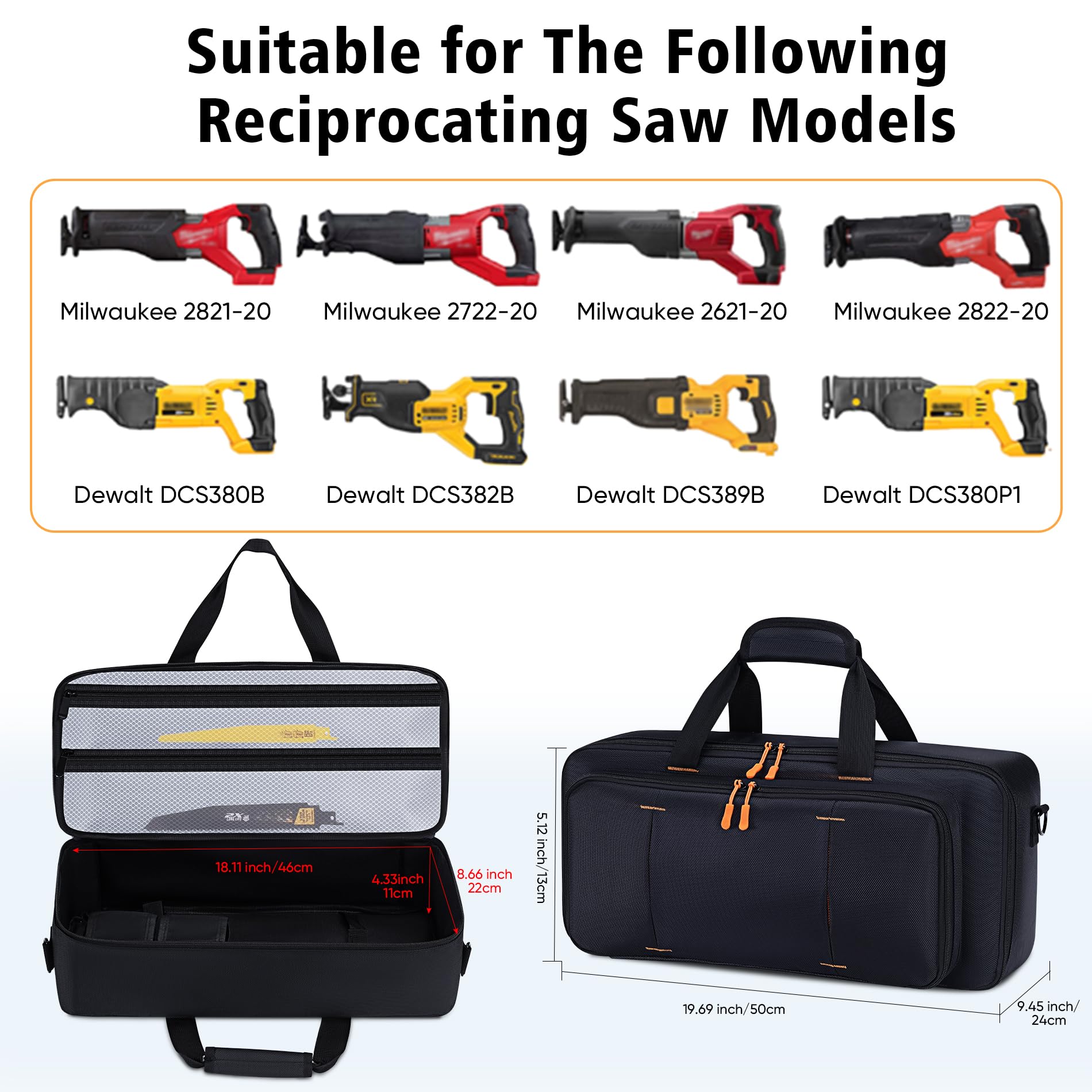 Aljikz reciprocating saw case side pocket layout highlights blade and accessory organization.