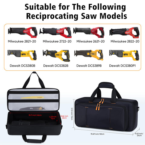 Aljikz reciprocating saw case side pocket layout highlights blade and accessory organization.
