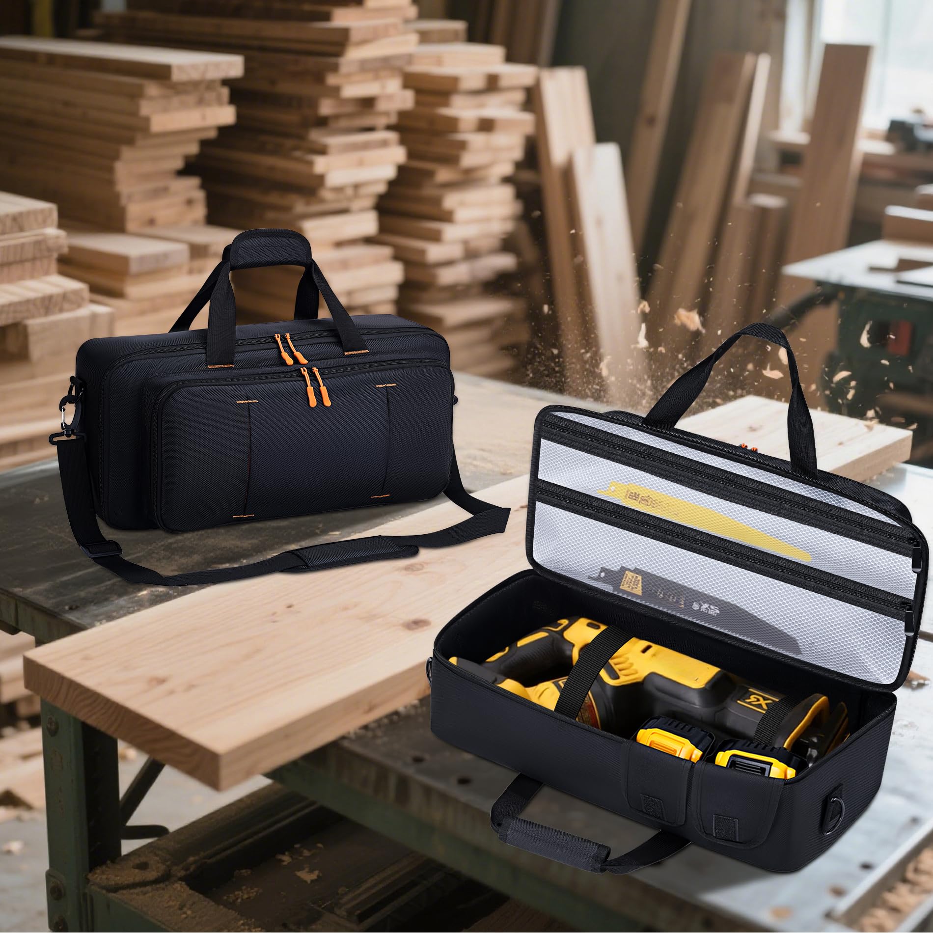 Aljikz reciprocating saw case exterior highlights water resistant material for all weather use.