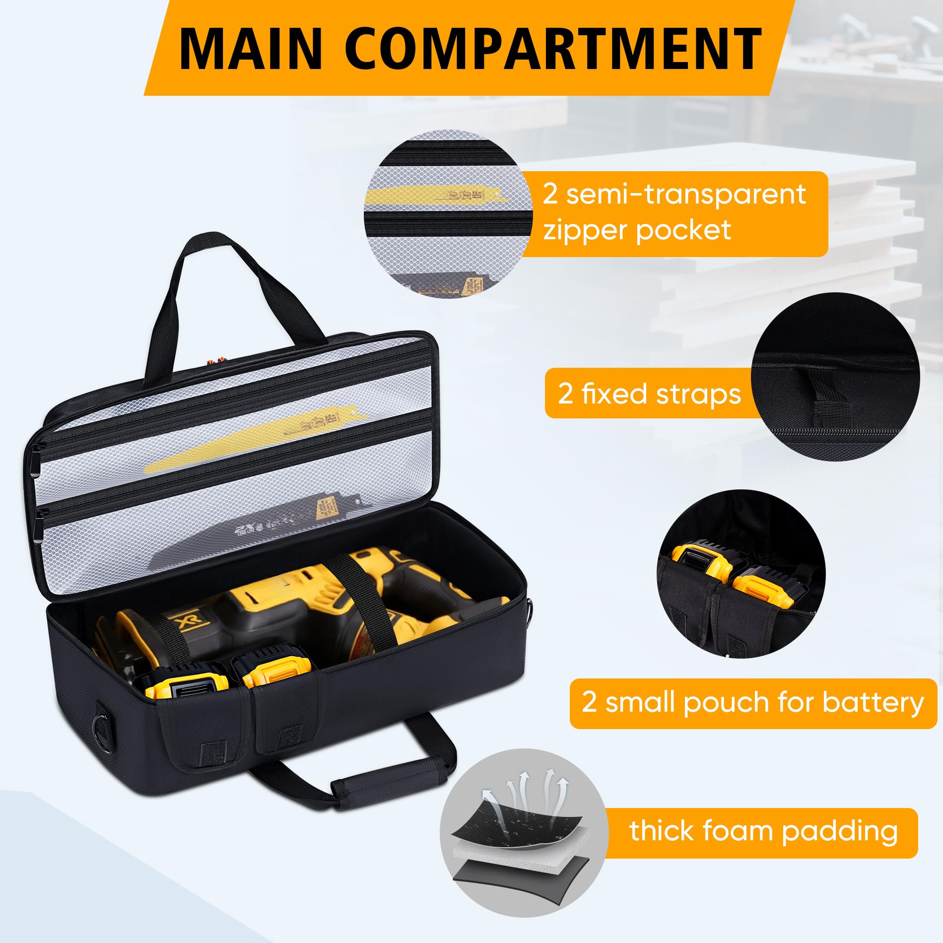 Aljikz reciprocating saw case zipper detail emphasizes secure gear transport.