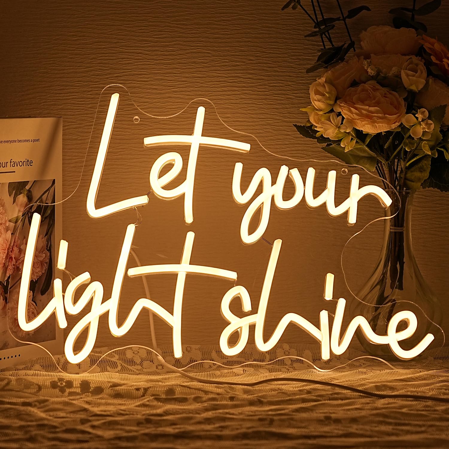 Alkkign Let Your Light Shine neon sign wall decor brightens a room with spiritual ambiance