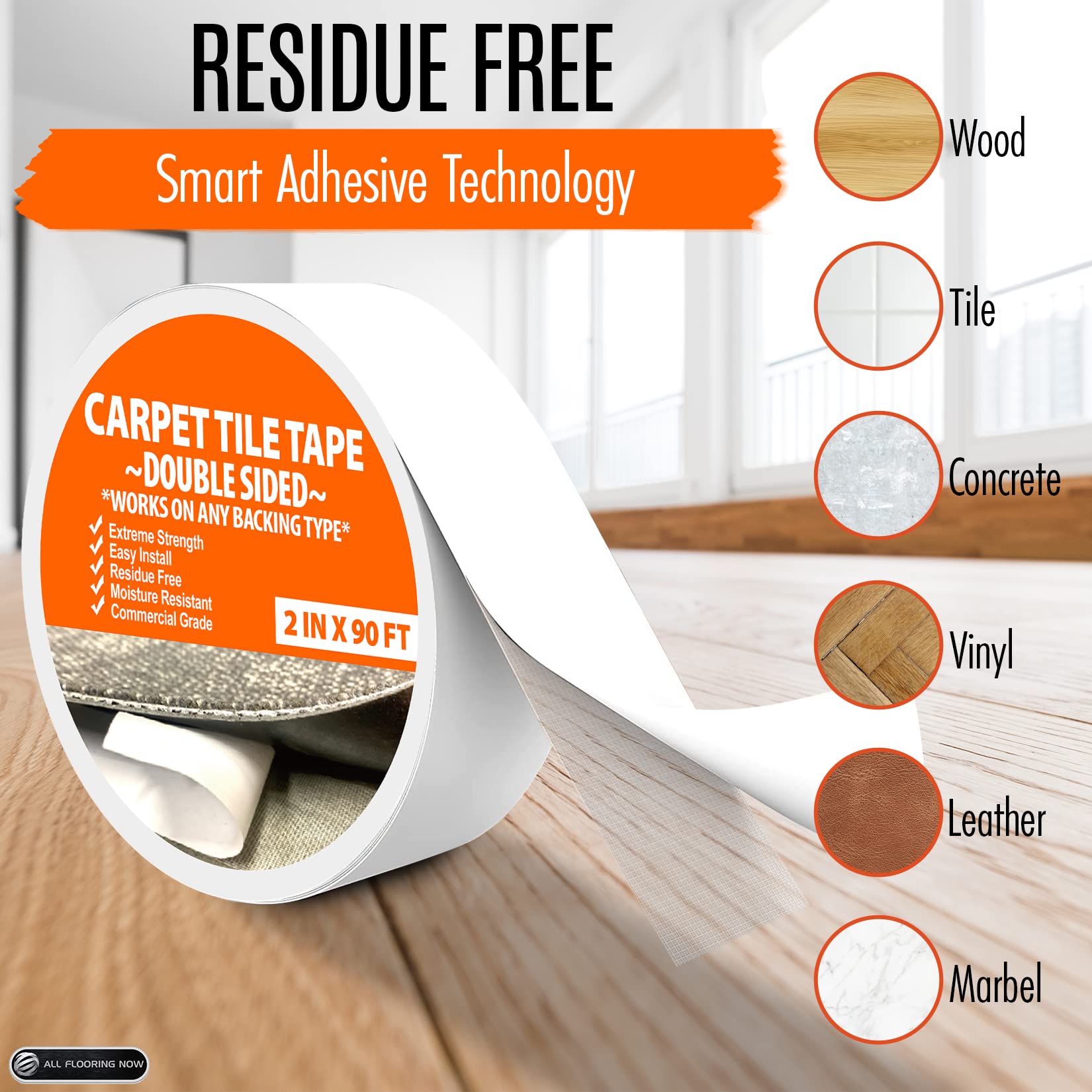 All Flooring Now residue-free-removal peels cleanly from surfaces.