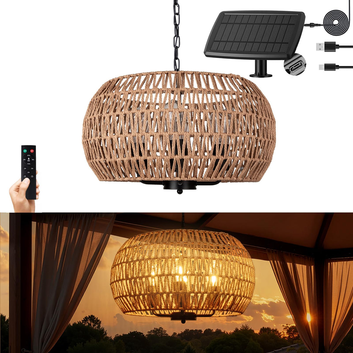 All Fortune outdoor solar chandelier with 4-light rattan illuminating gazebo evenings