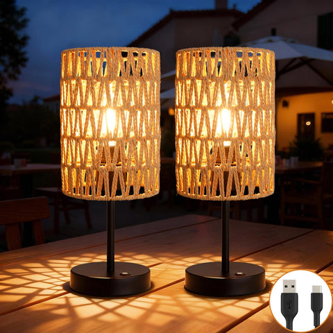 ALL FORTUNE rechargeable outdoor table lamp beige with rattan weave for warm outdoor evenings.