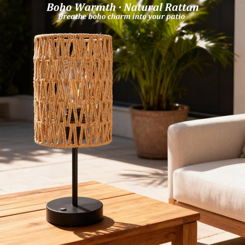 ALL FORTUNE beige rattan lamp adds cozy warmth to outdoor patio spaces.