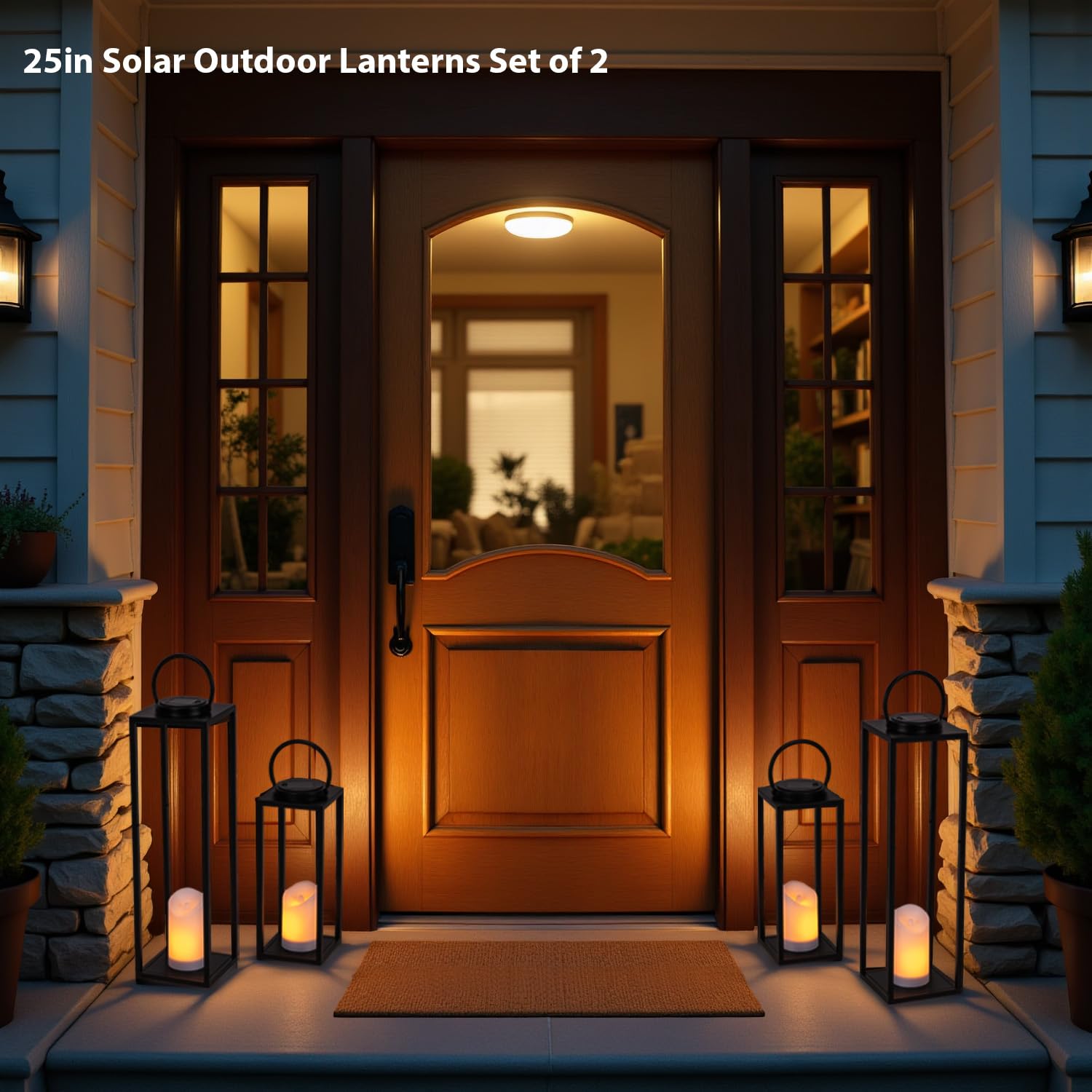 All Fortune small solar outdoor lantern on patio with warm candle glow.