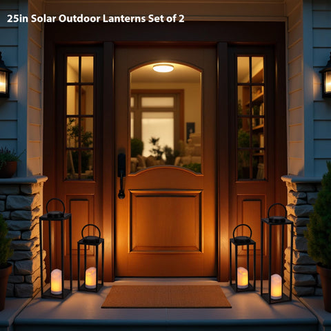 All Fortune small solar outdoor lantern on patio with warm candle glow.