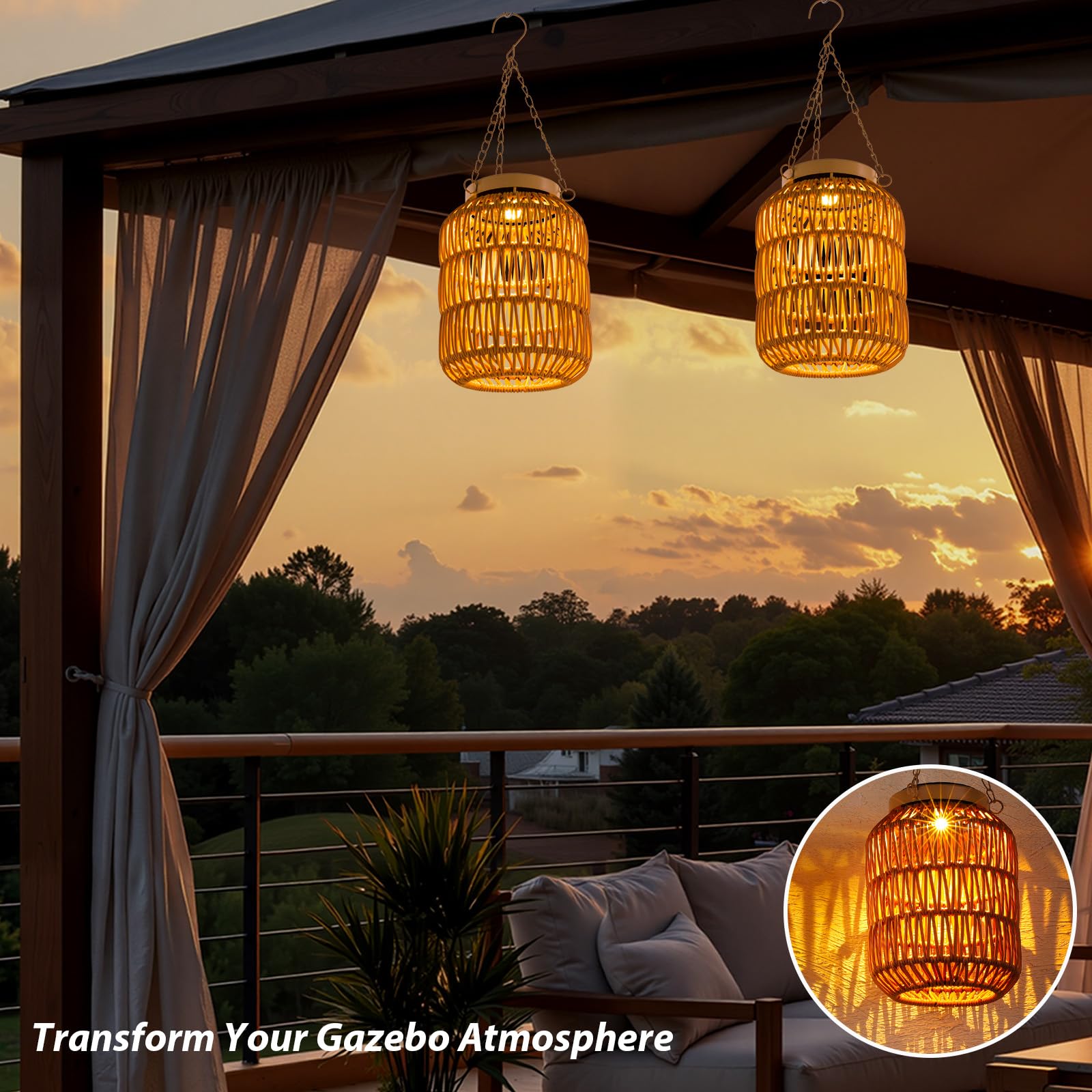 ALL FORTUNE lantern with faux rattan frame on porch adds style and durability
