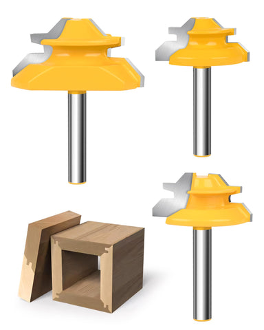 Allmake 3pcs lock miter router bits close-up, showing precision for seamless joints in cabinetry.