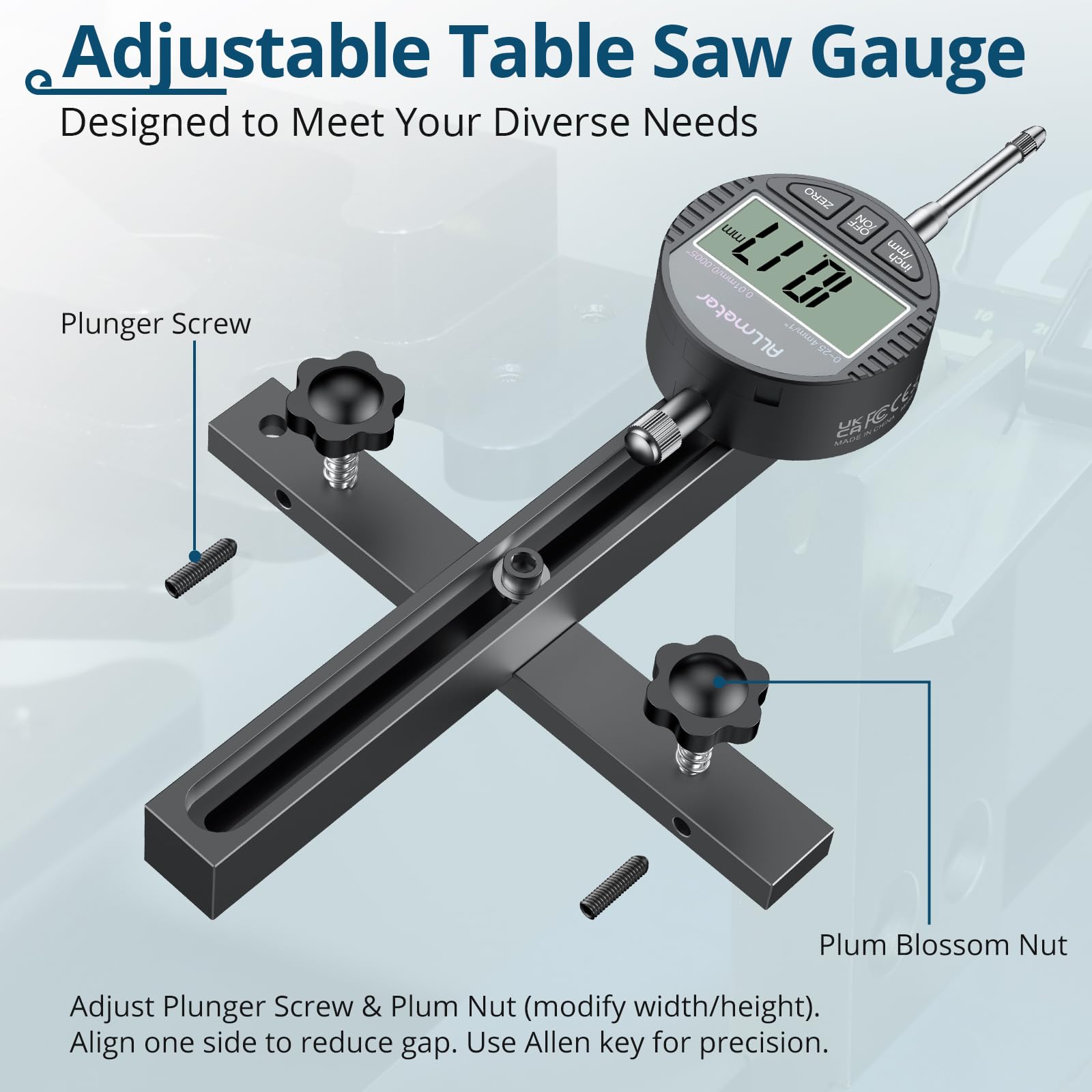 ALLmeter Digital Table Saw Gauge 3/4-inch aluminum bar fits standard miter slots with zero wobble