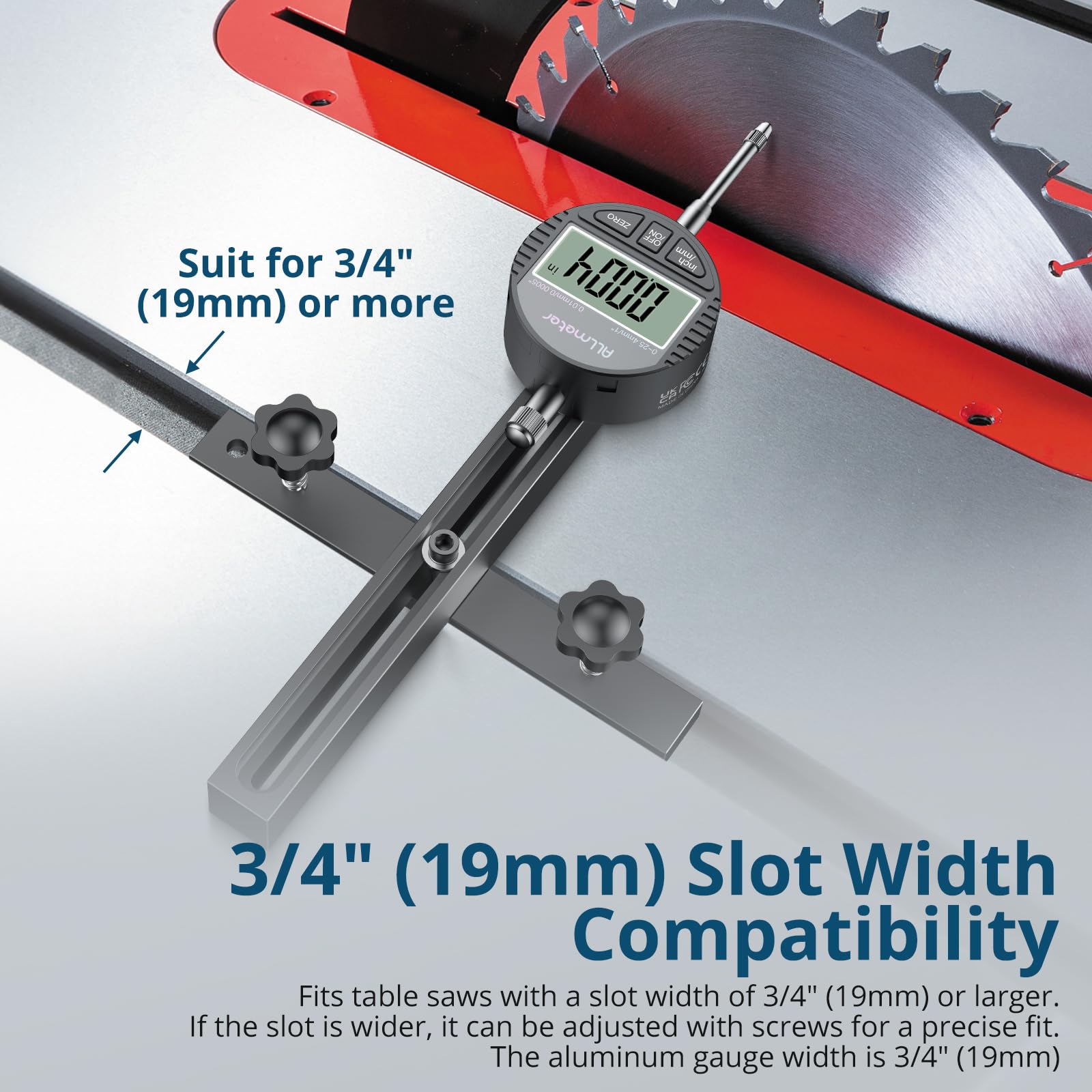 ALLmeter Digital Table Saw Gauge extends 7 inches to reach deep arbors and spaces