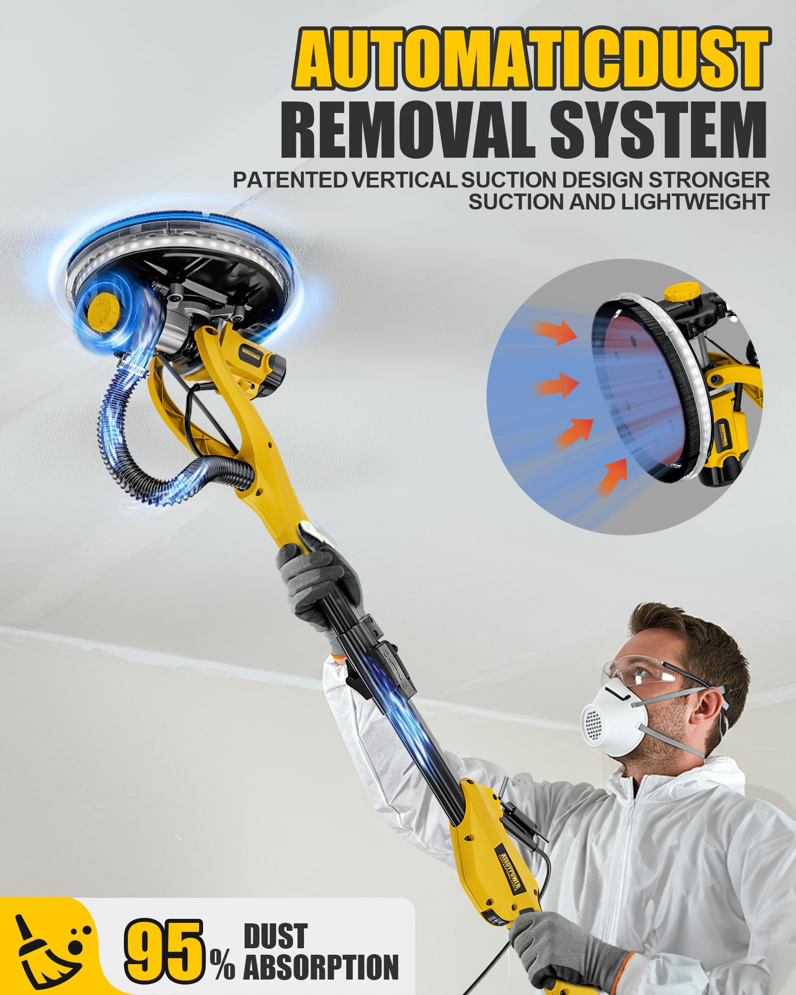ALLOY POWER drywall sander with 360-degree head for ceilings and walls.