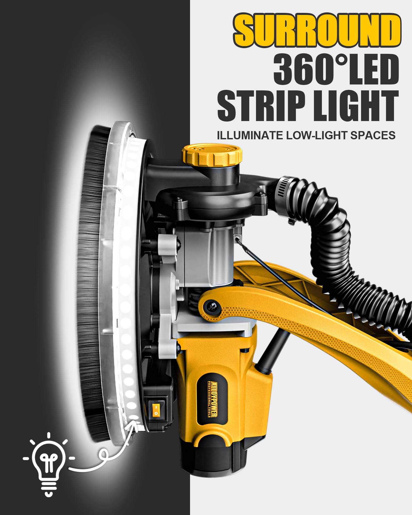 ALLOY POWER drywall sander with LED lights for improved visibility.