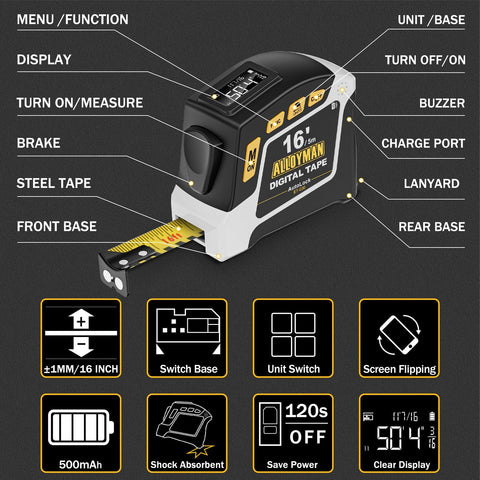 Auto lock enables one-handed use with the Alloyman digital tape measure