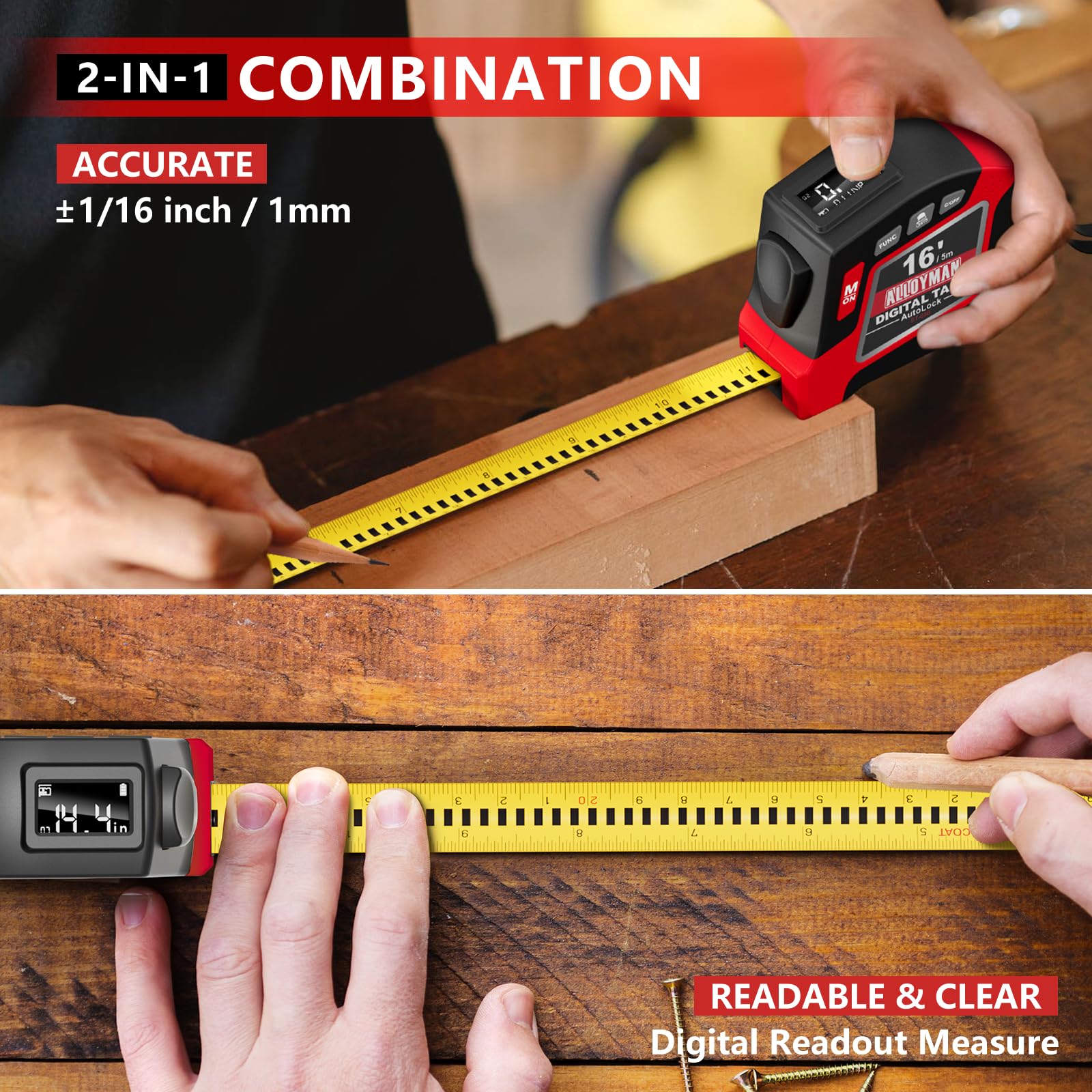 Alloyman 2-in-1 tape measure showing units and modes for adaptable measurements.