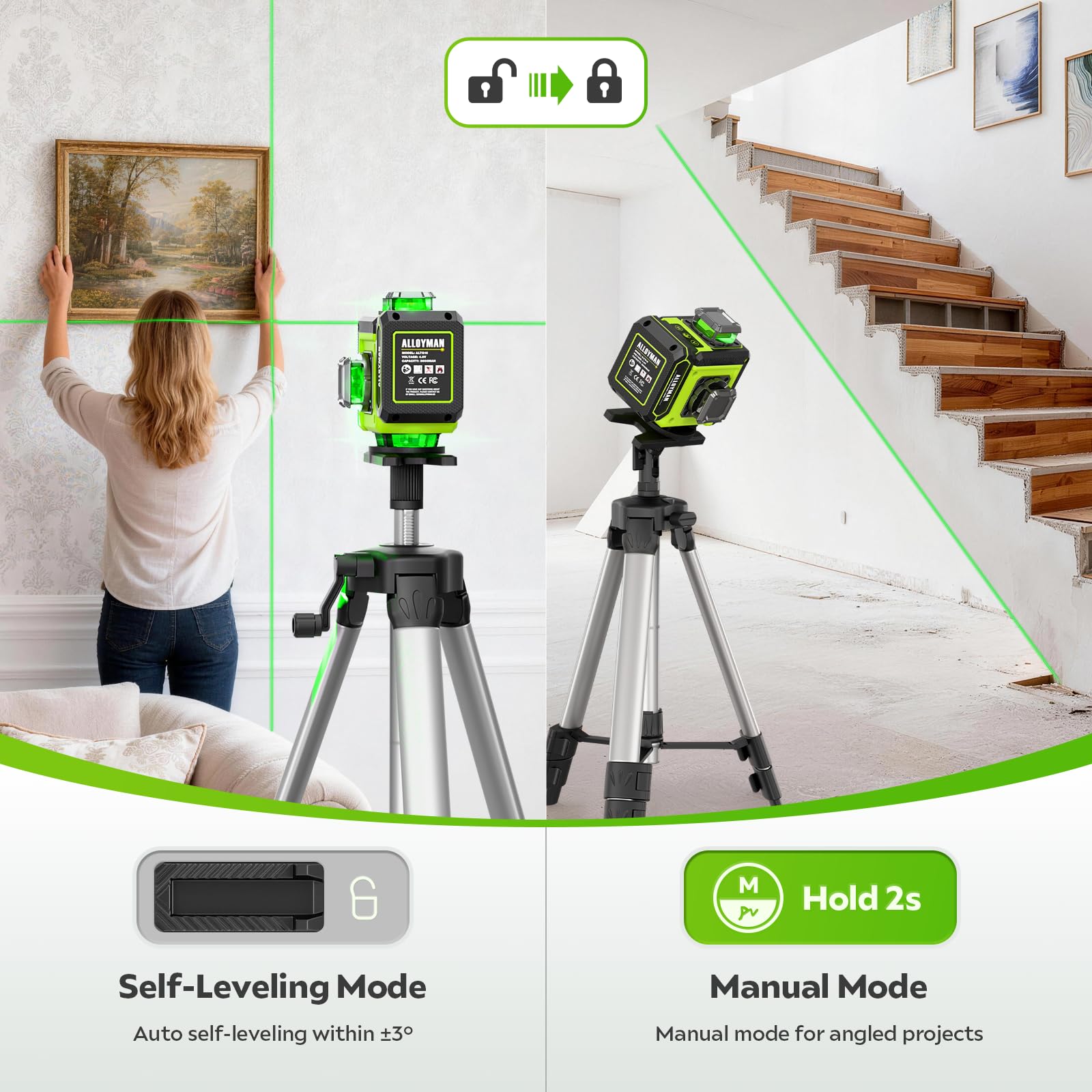 Alloyman Laser Level supports automatic and manual modes for versatility.
