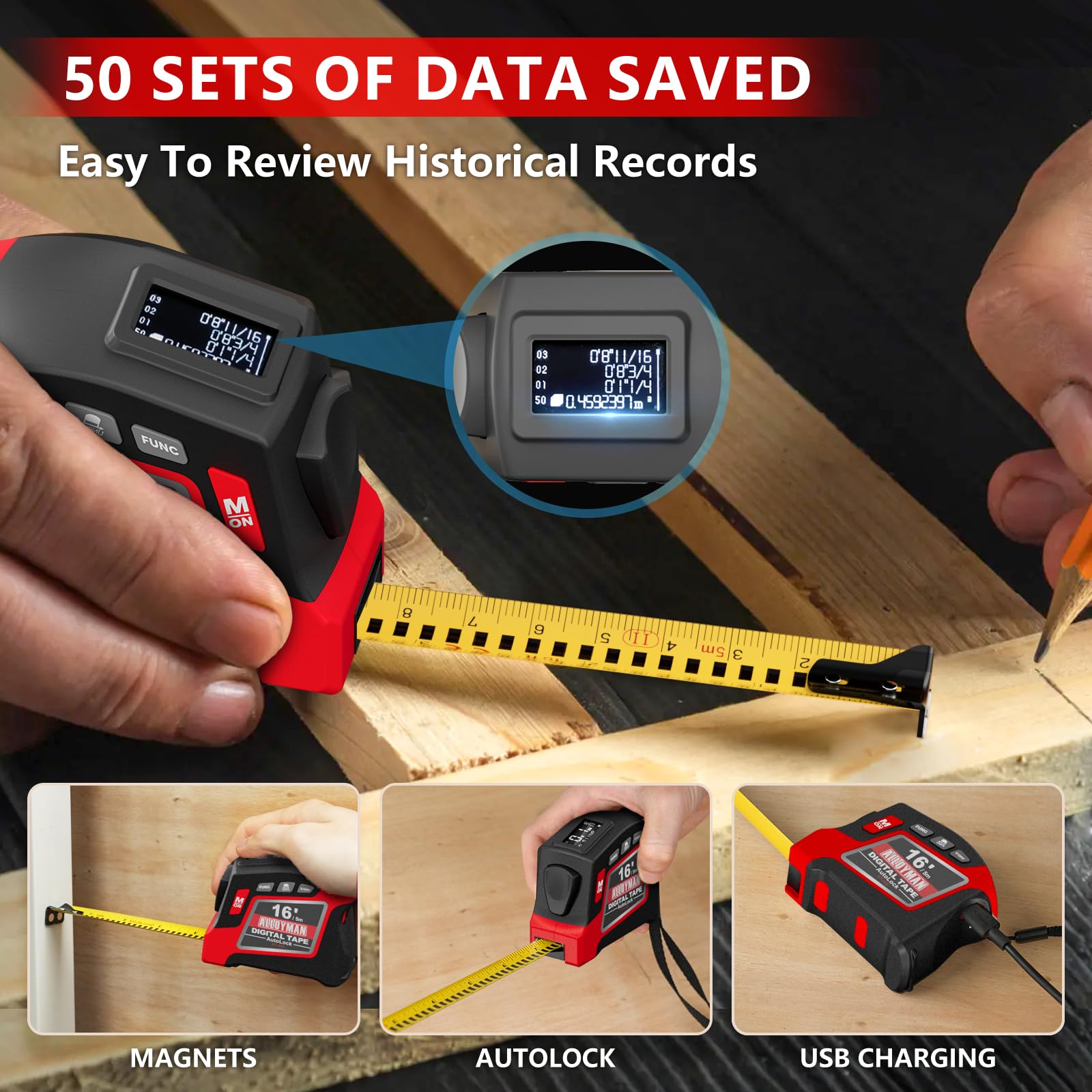 Alloyman tape measure with magnetic hook enables solo measurements on metal surfaces.