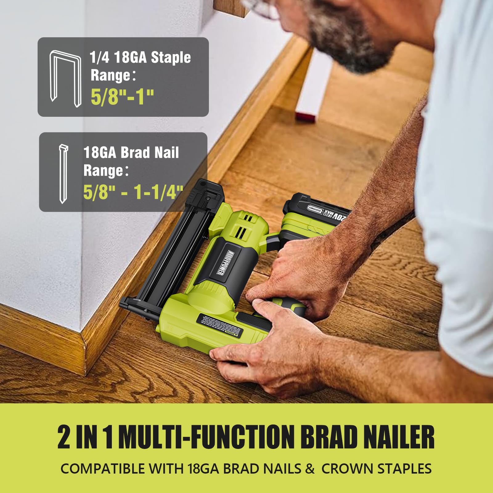 Alloy Power 20V battery powering a cordless nailer for extended projects.