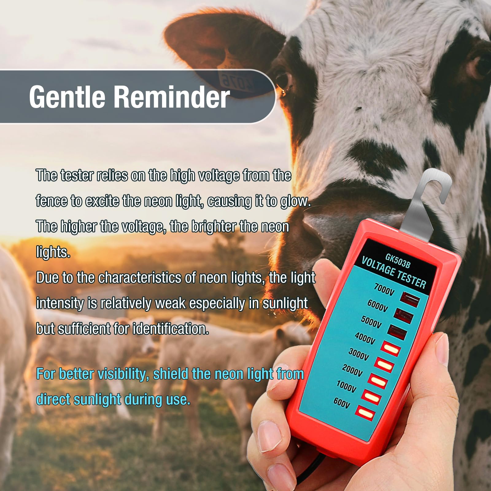 Allsun GK503B neon fence tester on fence demonstrates simple fault finding without batteries