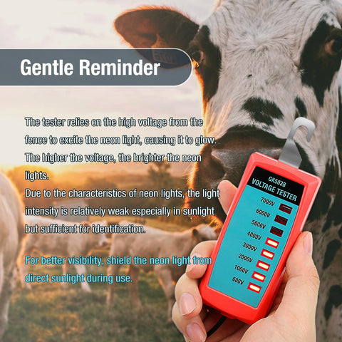 Allsun GK503B neon fence tester on fence demonstrates simple fault finding without batteries