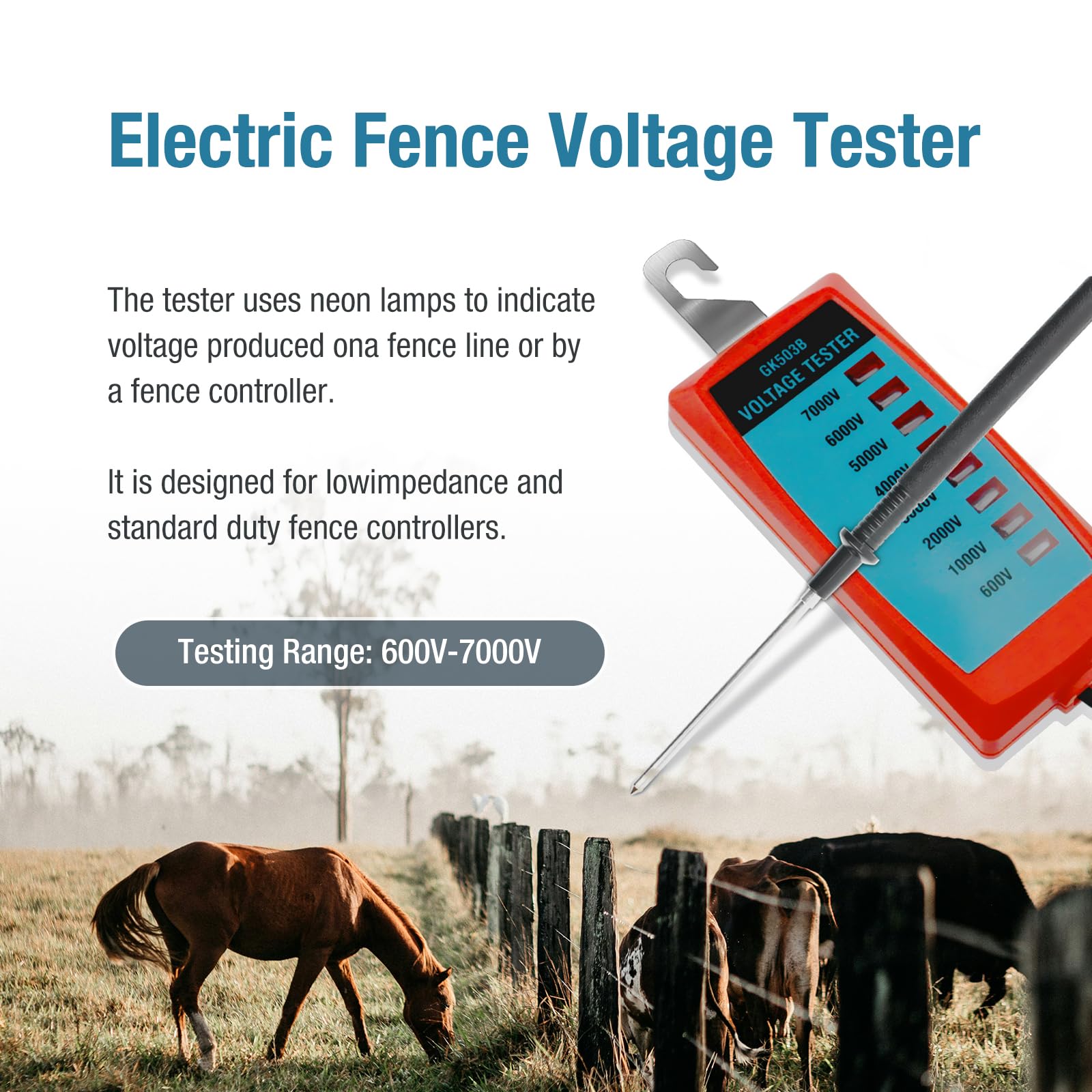 Allsun GK503B neon fence tester side view showing compact design for field use