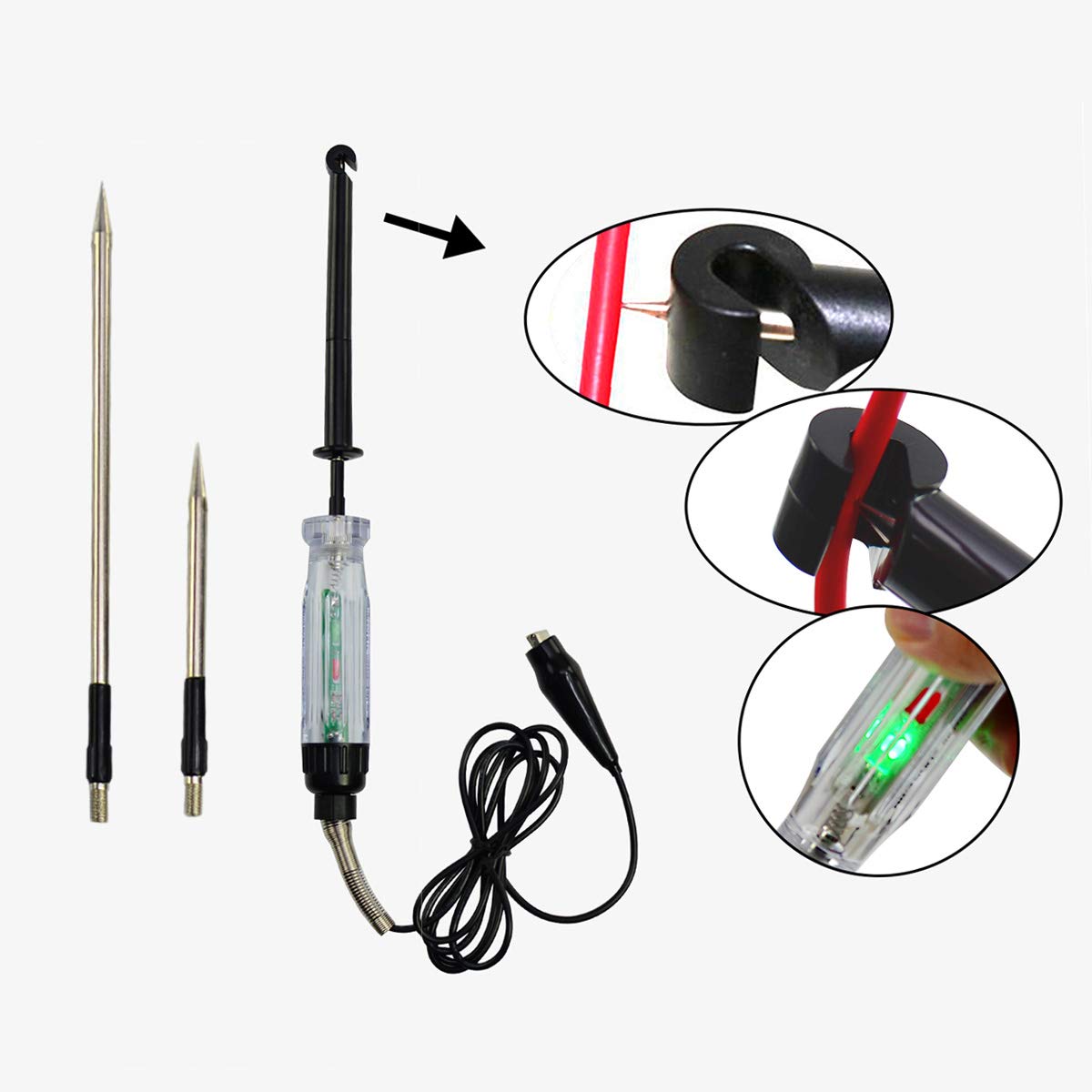 Allsun hook-probe tester showing hands-free operation with end hook