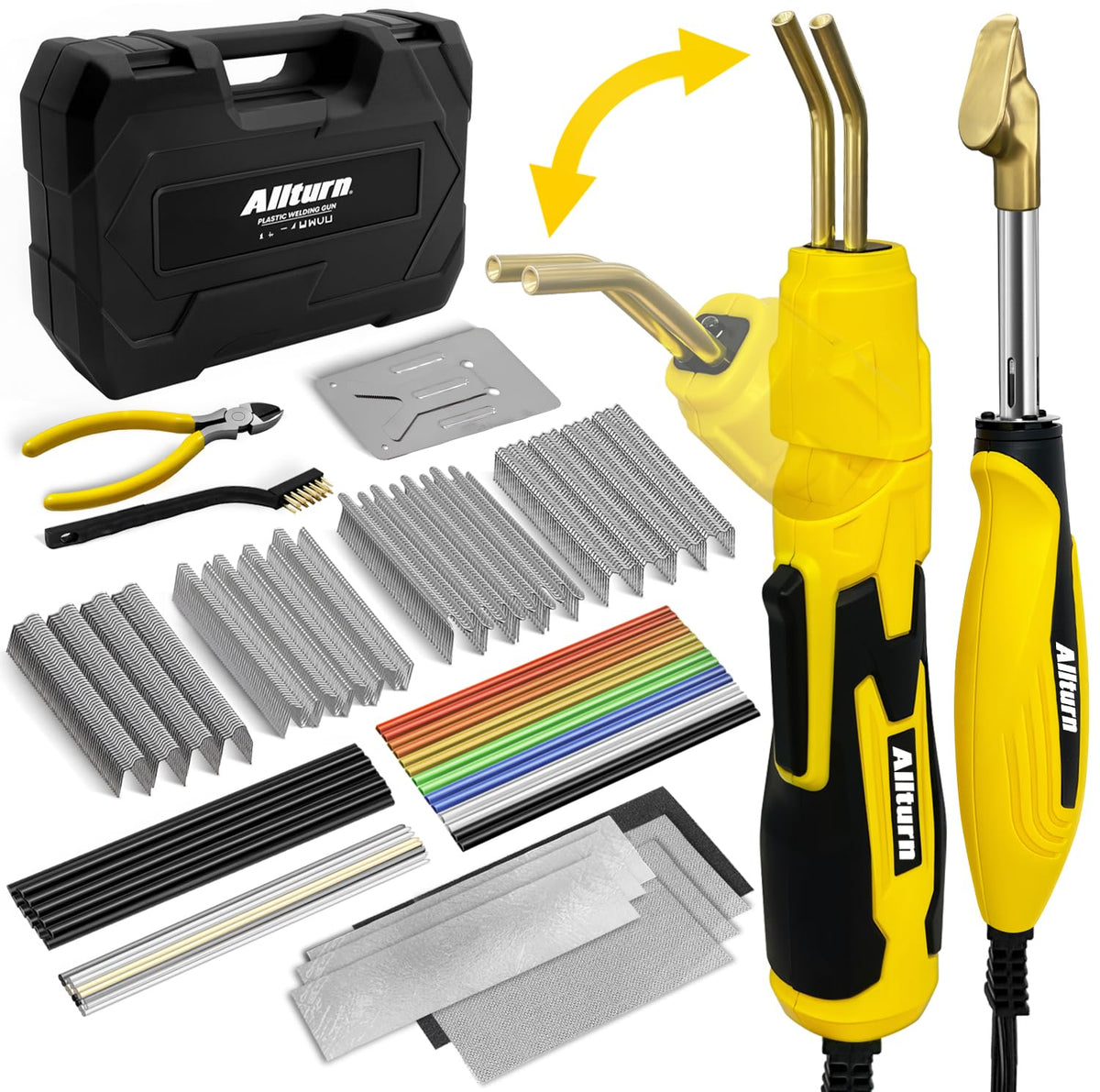Allturn 2-in-1 plastic welder with compact yellow body for on-the-spot repairs.