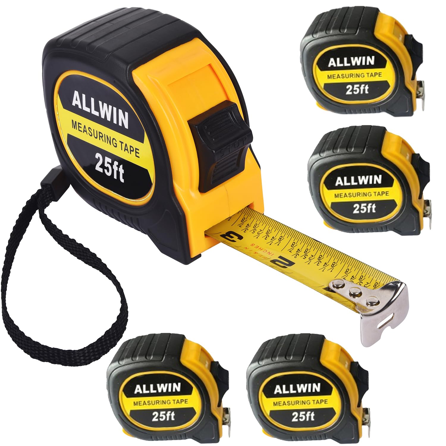ALLWIN 5-pack 25 ft tape measure with high-visibility blade for quick measurements