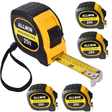 ALLWIN 5-pack 25 ft tape measure with high-visibility blade for quick measurements