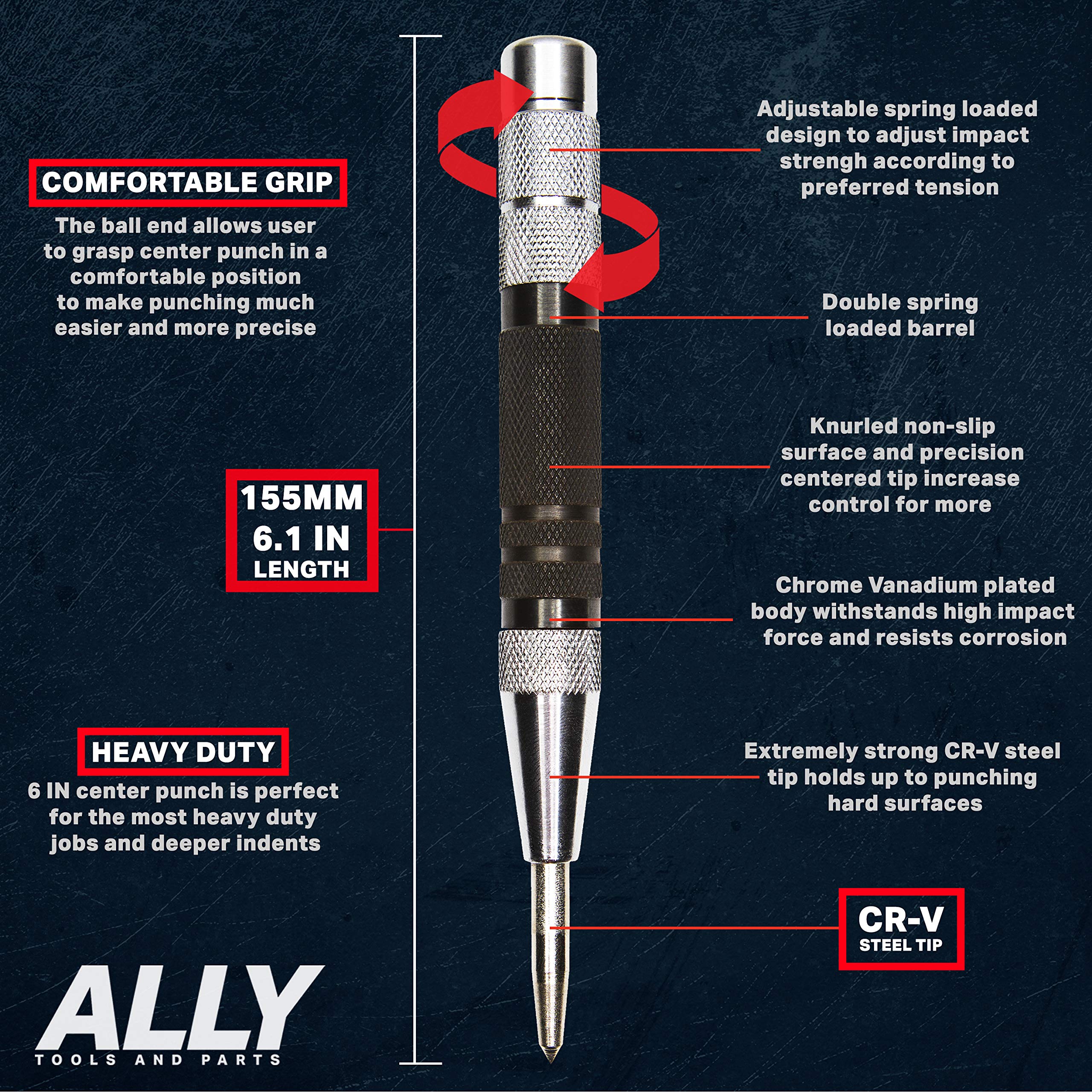 ALLY Tools knurled grip center punch in use for steady control