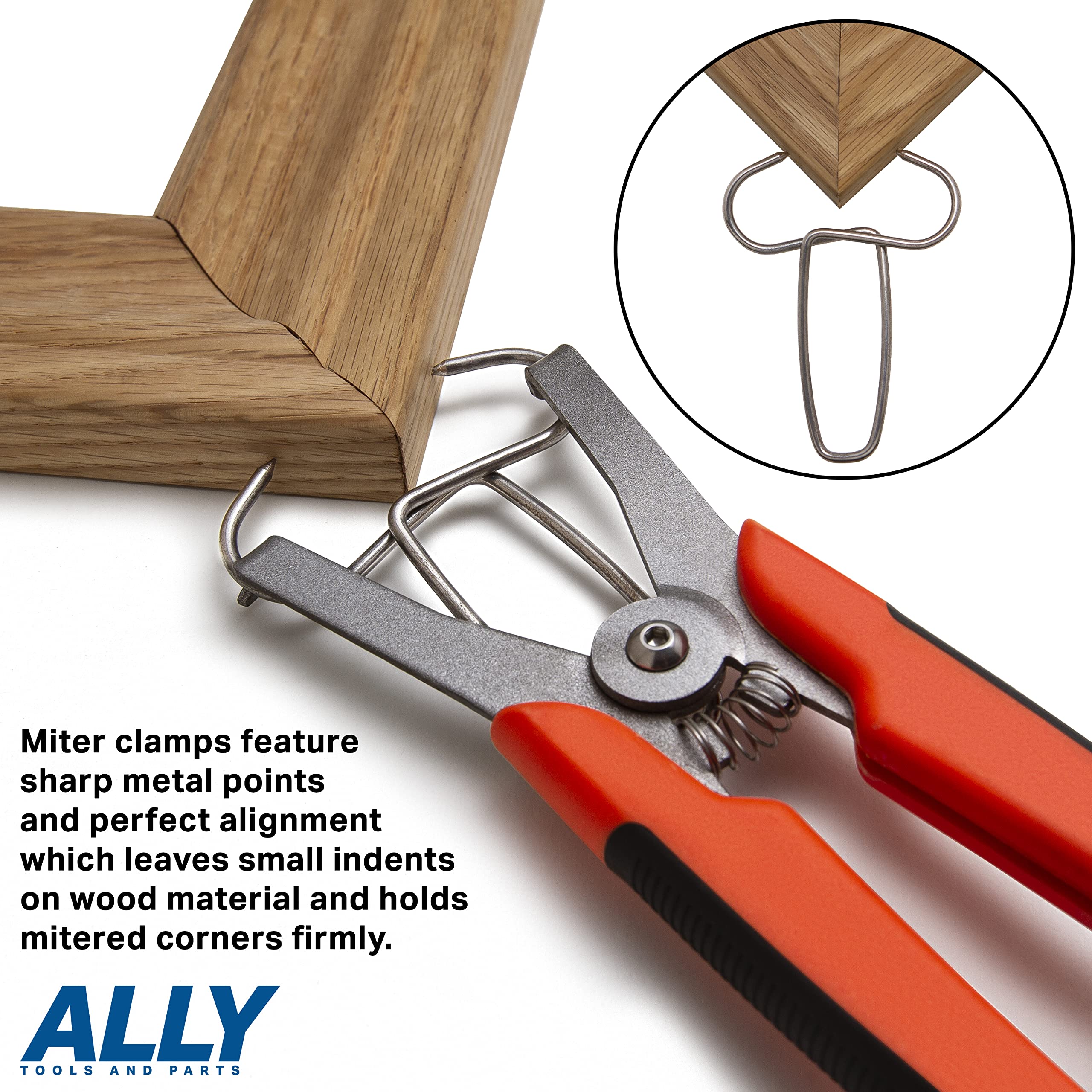 Carbon steel miter clamps used on wood trim applications for durable holding power