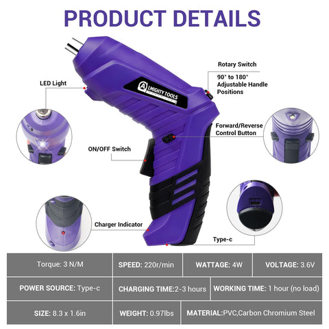 Almighty Tools electric screwdriver with pivoting handle for tight corners and ergonomic control.