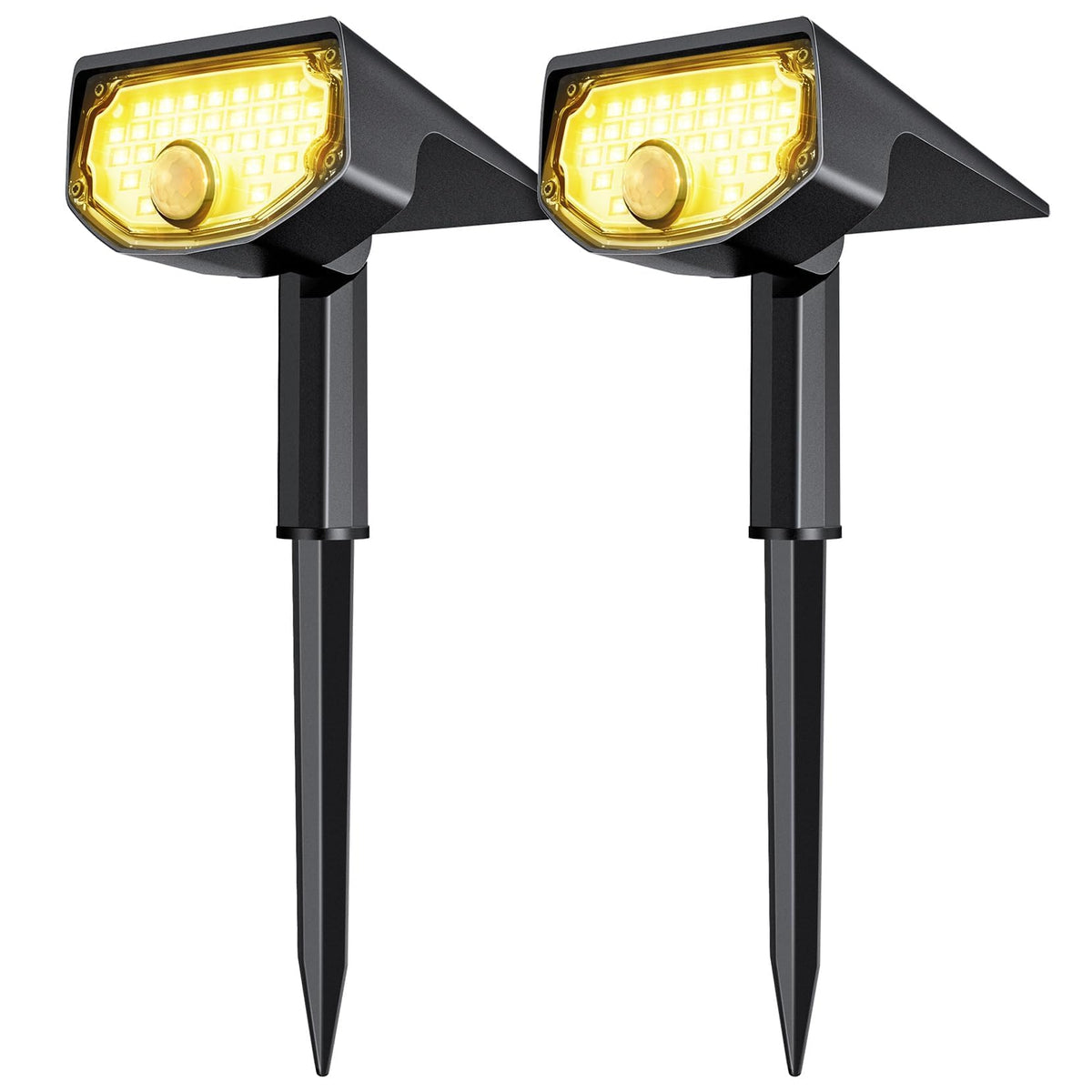 AloftSun solar motion sensor spotlight with 30 LEDs lighting a garden path.