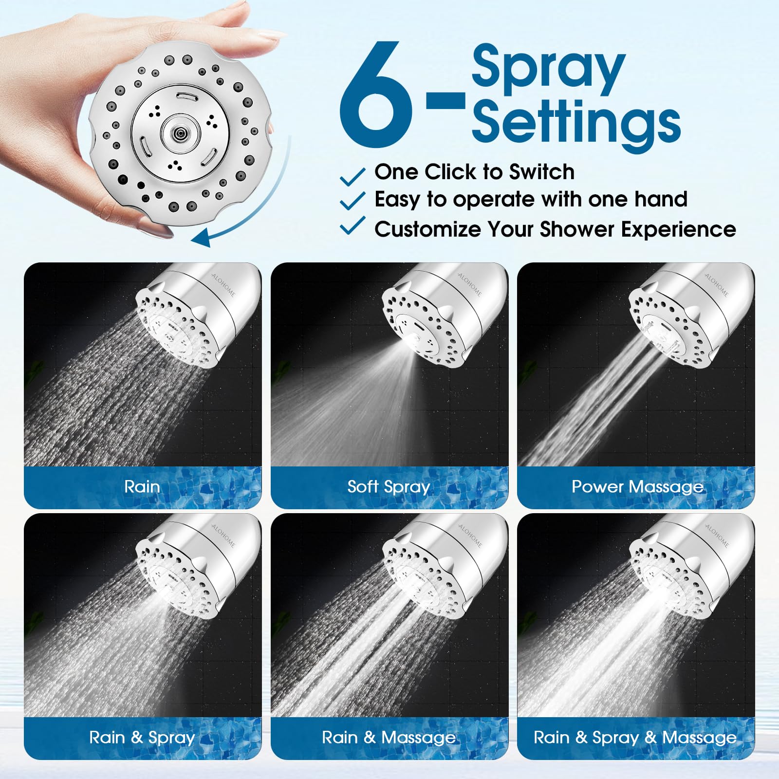 ALOHOME 6-spray-settings control handle for personalized cleansing.